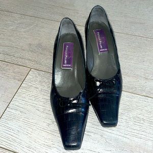 Phyllis Poland 8.5US croc leather black heels square toe Laceup top witchy core